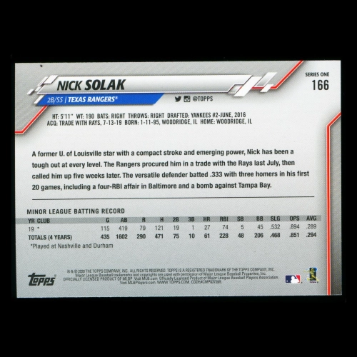 Nick Solak RC 2020 Topps Rookie Rangers