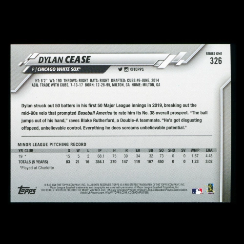 Dylan Cease RC 2020 Topps Rookie White Sox