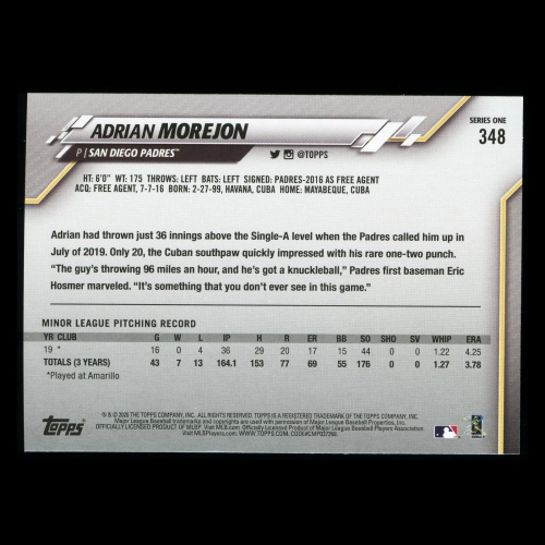 Adrian Morejon RC 2020 Topps Rookie Padres