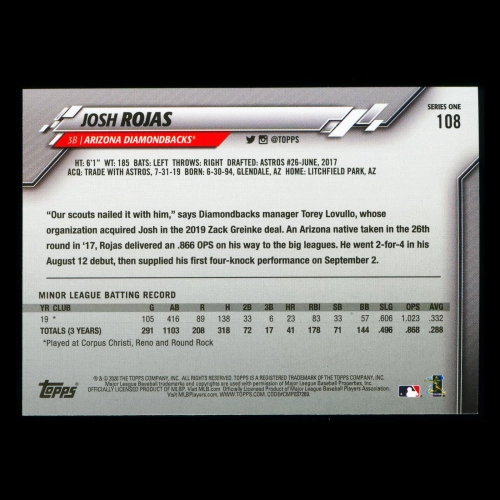 Josh Rojas RC 2020 Topps Rookie Diamondbacks