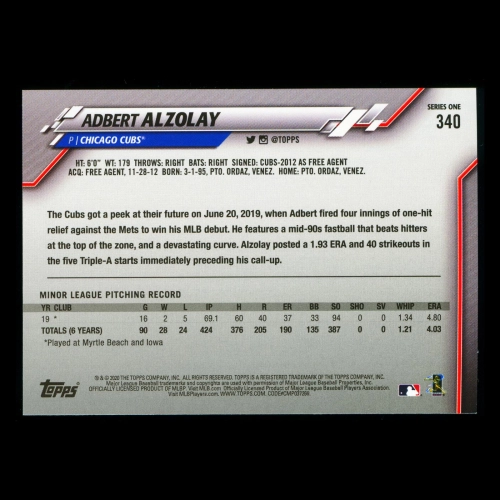 Adbert Alzolay RC 2020 Topps Rookie Cubs