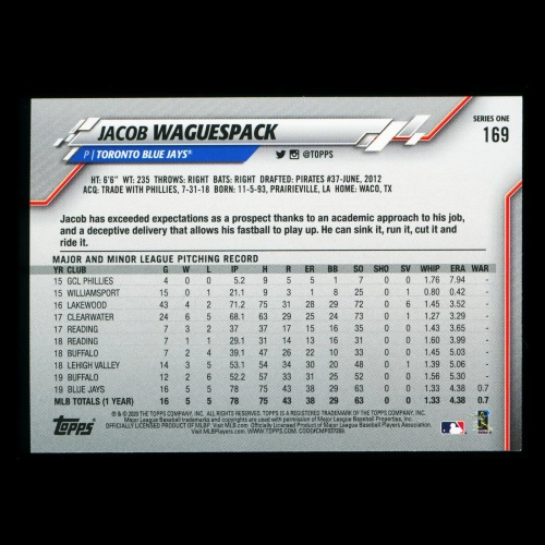 Jacob Waguespack RC 2020 Topps Rookie Blue Jays