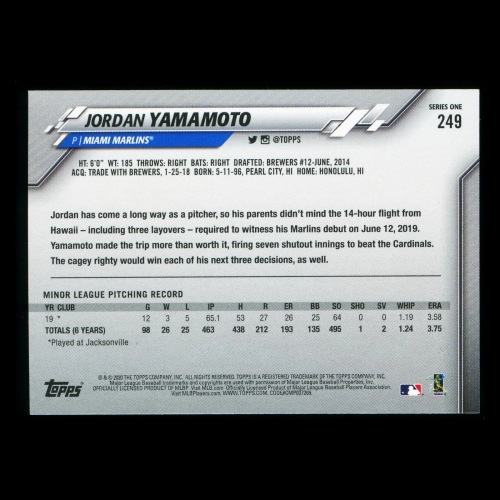 Jordan Yamamoto RC 2020 Topps Rookie Marlines