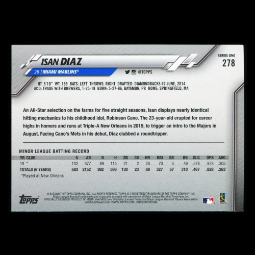 Isan Diaz RC 2020 Topps Rookie Marlines