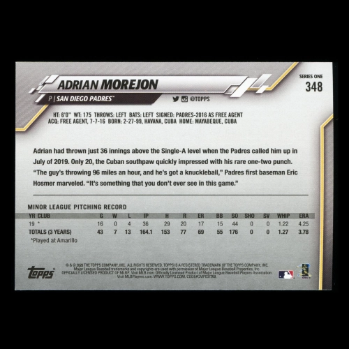 Adrian Morejon RC 2020 Topps Rookie Padres