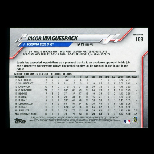 Jacob Waguespack RC 2020 Topps Rookie Blue Jays