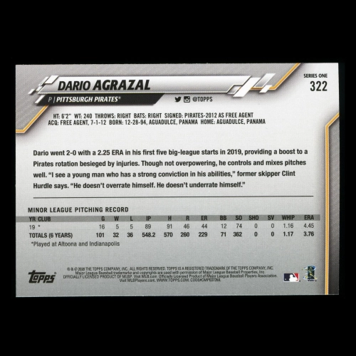 Dario Agrazal RC 2020 Topps Rookie Pirates