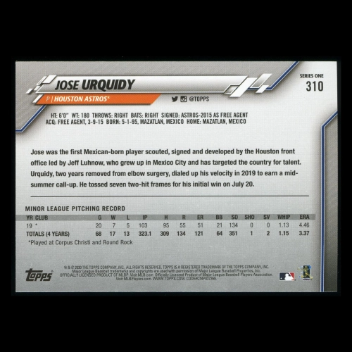 Jose Urquidy RC 2020 Topps Rookie Astros