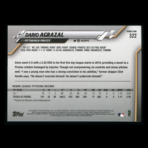 Dario Agrazal RC 2020 Topps Rookie Pirates