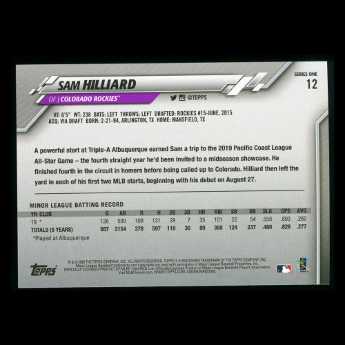 Sam Hilliard RC 2020 Topps Rookie Rockies