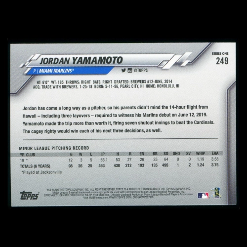 Jordan Yamamoto RC 2020 Topps Rookie Marlines