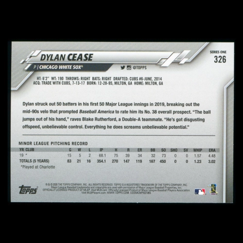Dylan Cease RC 2020 Topps Rookie White Sox