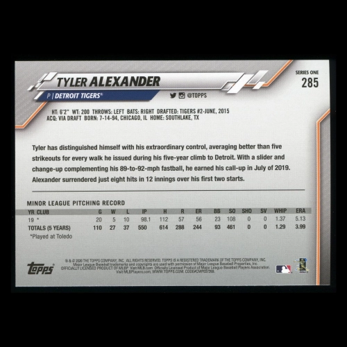 Tyler Alexander RC 2020 Topps Rookie Tigers