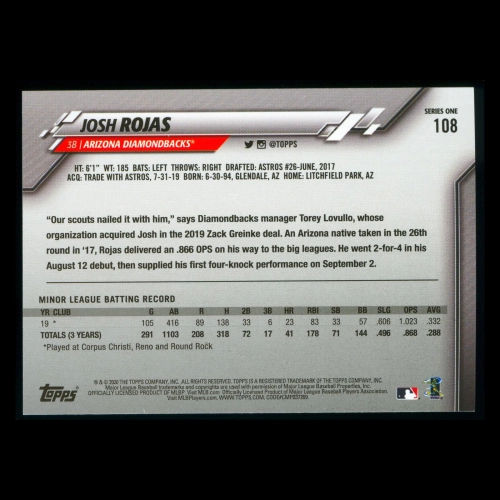 Josh Rojas RC 2020 Topps Rookie Diamondbacks