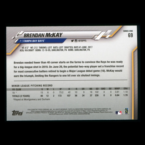 Brendan McKay RC 2020 Topps Rookie Rays