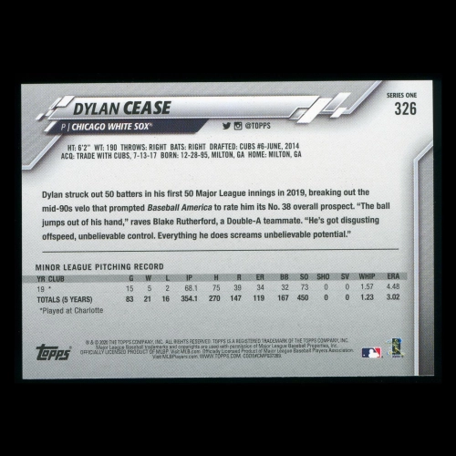Dylan Cease RC 2020 Topps Rookie White Sox