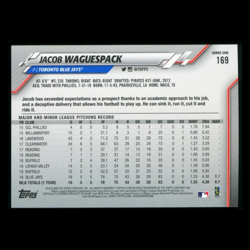 Jacob Waguespack RC 2020 Topps Rookie Blue Jays