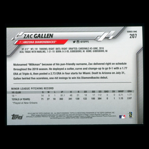 Zac Gallen RC 2020 Topps Rookie Diamondbacks
