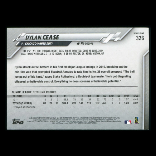 Dylan Cease RC 2020 Topps Rookie White Sox