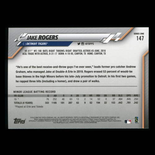 Jake Rogers RC 2020 Topps Rookie Tigers