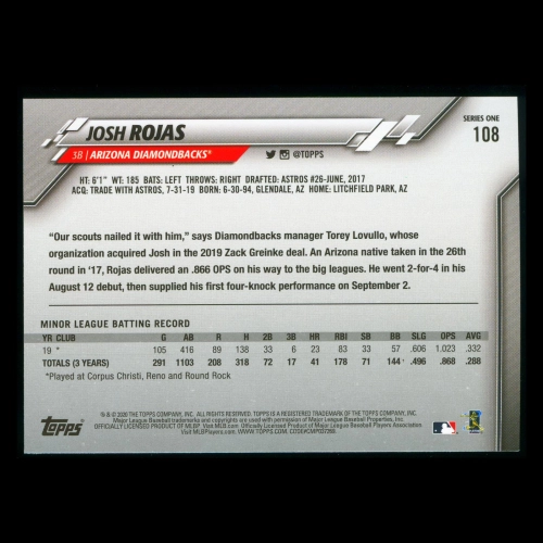Josh Rojas RC 2020 Topps Rookie Diamondbacks