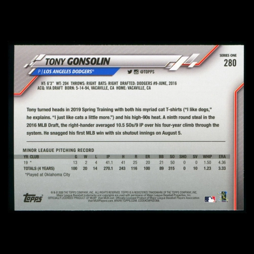 Tony Gonsolin RC 2020 Topps Rookie Dodgers