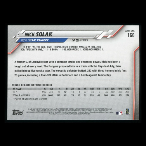 Nick Solak RC 2020 Topps Rookie Rangers