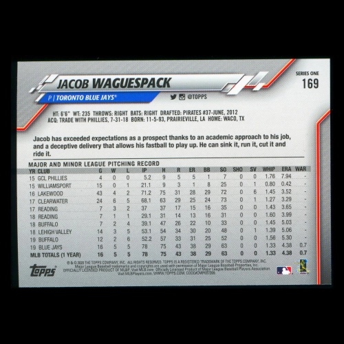 Jacob Waguespack RC 2020 Topps Rookie Blue Jays