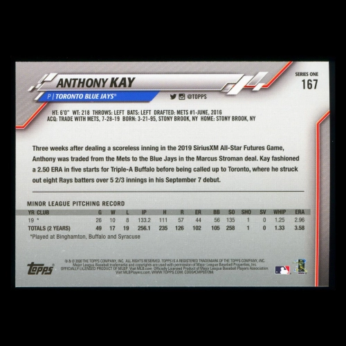 Anthony Kay RC 2020 Topps Rookie Blue Jays