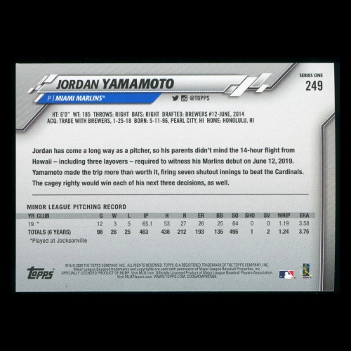 Jordan Yamamoto RC 2020 Topps Rookie Marlines