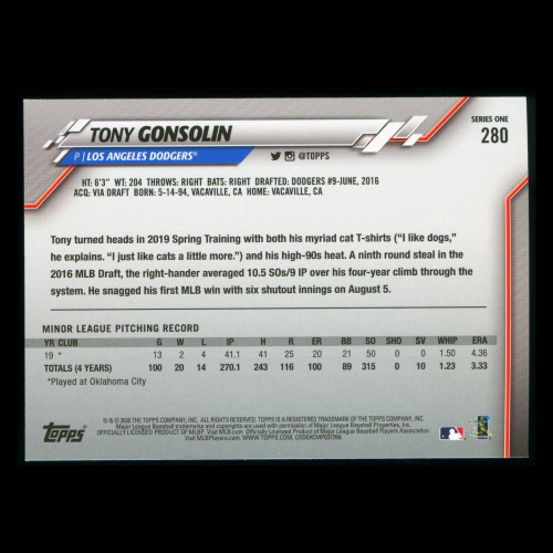 Tony Gonsolin RC 2020 Topps Rookie Dodgers