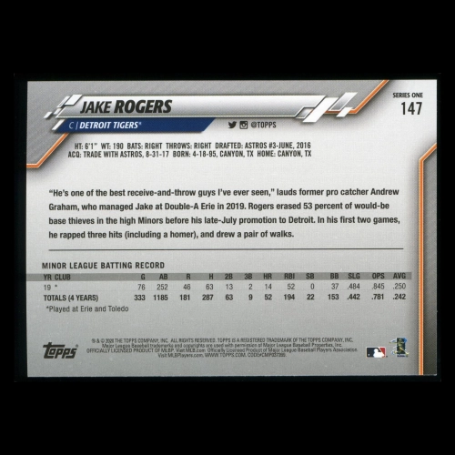 Jake Rogers RC 2020 Topps Rookie Tigers