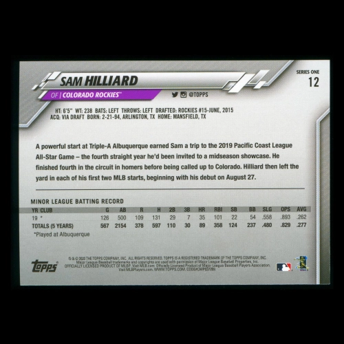 Sam Hilliard RC 2020 Topps Rookie Rockies