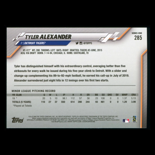 Tyler Alexander RC 2020 Topps Rookie Tigers