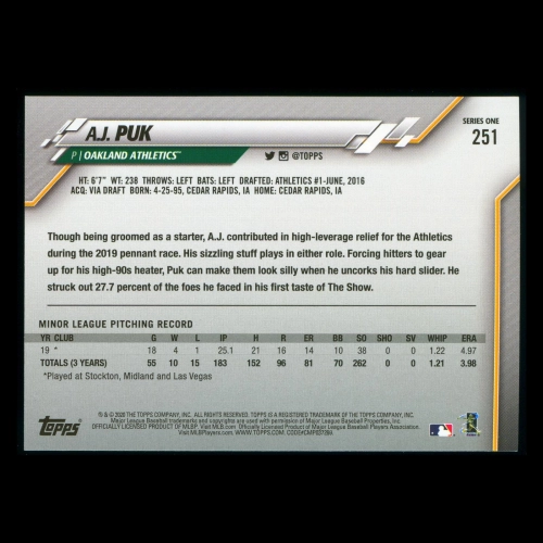A.J. Puk RC 2020 Topps Rookie Athletics
