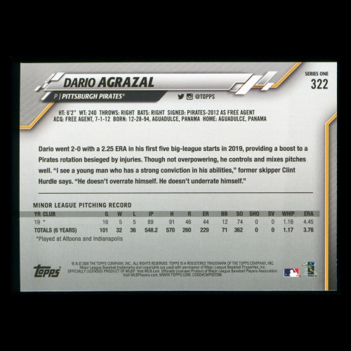 Dario Agrazal RC 2020 Topps Rookie Pirates