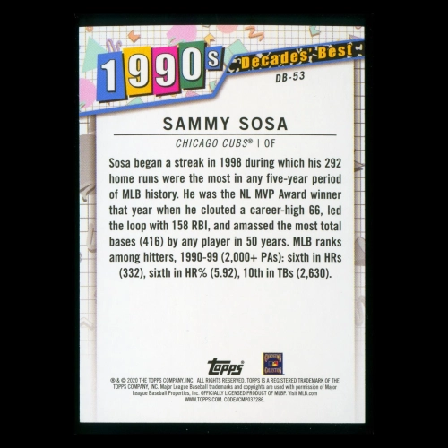 Sammy Sosa 2020 Topps Decades' Best Batters 1990s Cubs