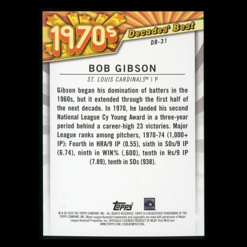 Bob Gibson 2020 Topps Decades' Best Pitchers 1970s Cardinals