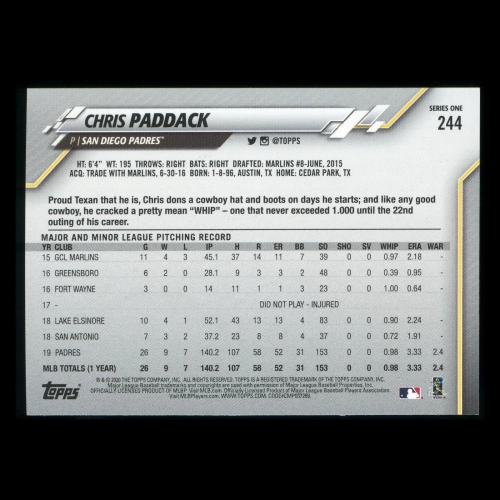 Chris Paddack 2020 Topps Future Stars Padres