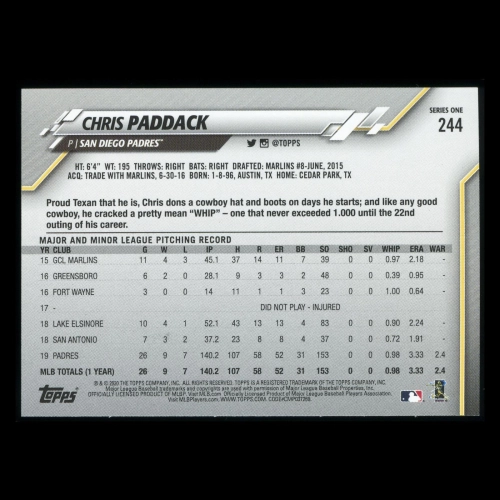 Chris Paddack 2020 Topps Future Stars Padres