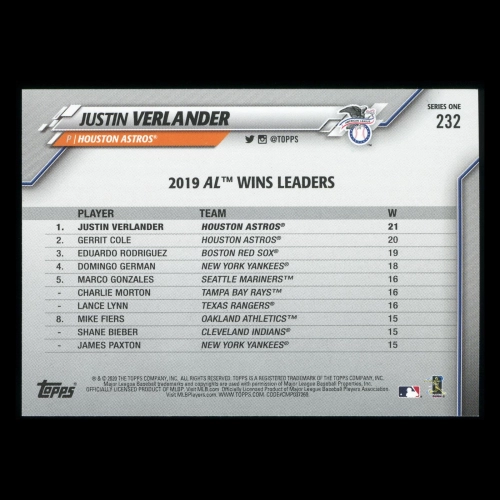 Justin Verlander 2020 Topps League Leaders Astros