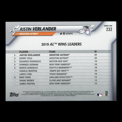 Justin Verlander 2020 Topps League Leaders Astros
