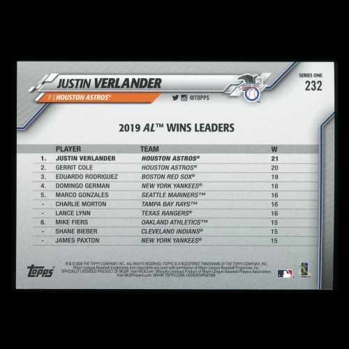 Justin Verlander 2020 Topps League Leaders Astros