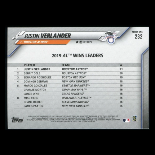 Justin Verlander 2020 Topps League Leaders Astros