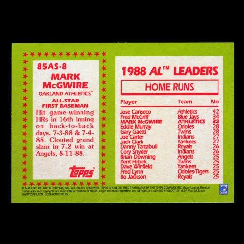 Mark McGwire 2020 Topps 35 Anniversary 85 Retro All Star Athletics
