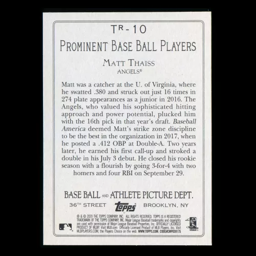 Matt Thaiss RC 2020 Topps Turkey Red Rookie Angels