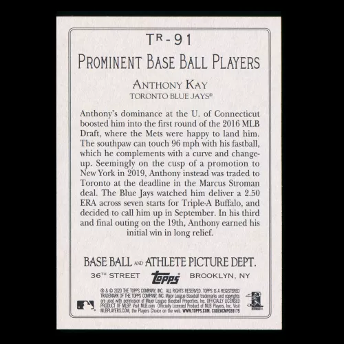 Anthony Kay RC 2020 Topps Turkey Red Rookie Blue Jays