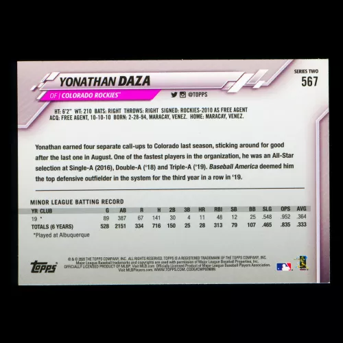 Yonathan Daza RC 2020 Topps Rookie Rockies