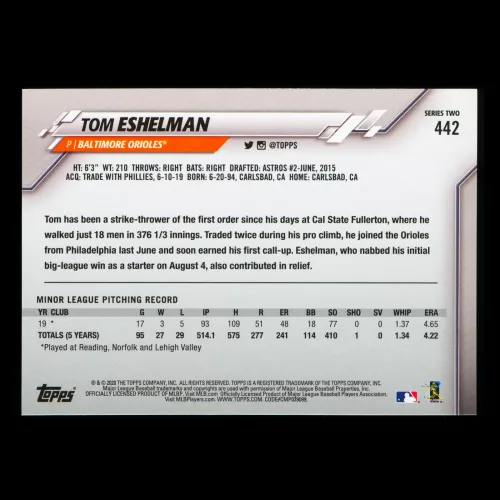 Tom Eshelman RC 2020 Topps Rookie Orioles