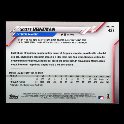 Scott Heineman RC 2020 Topps Rookie Inaugural Season Rangers
